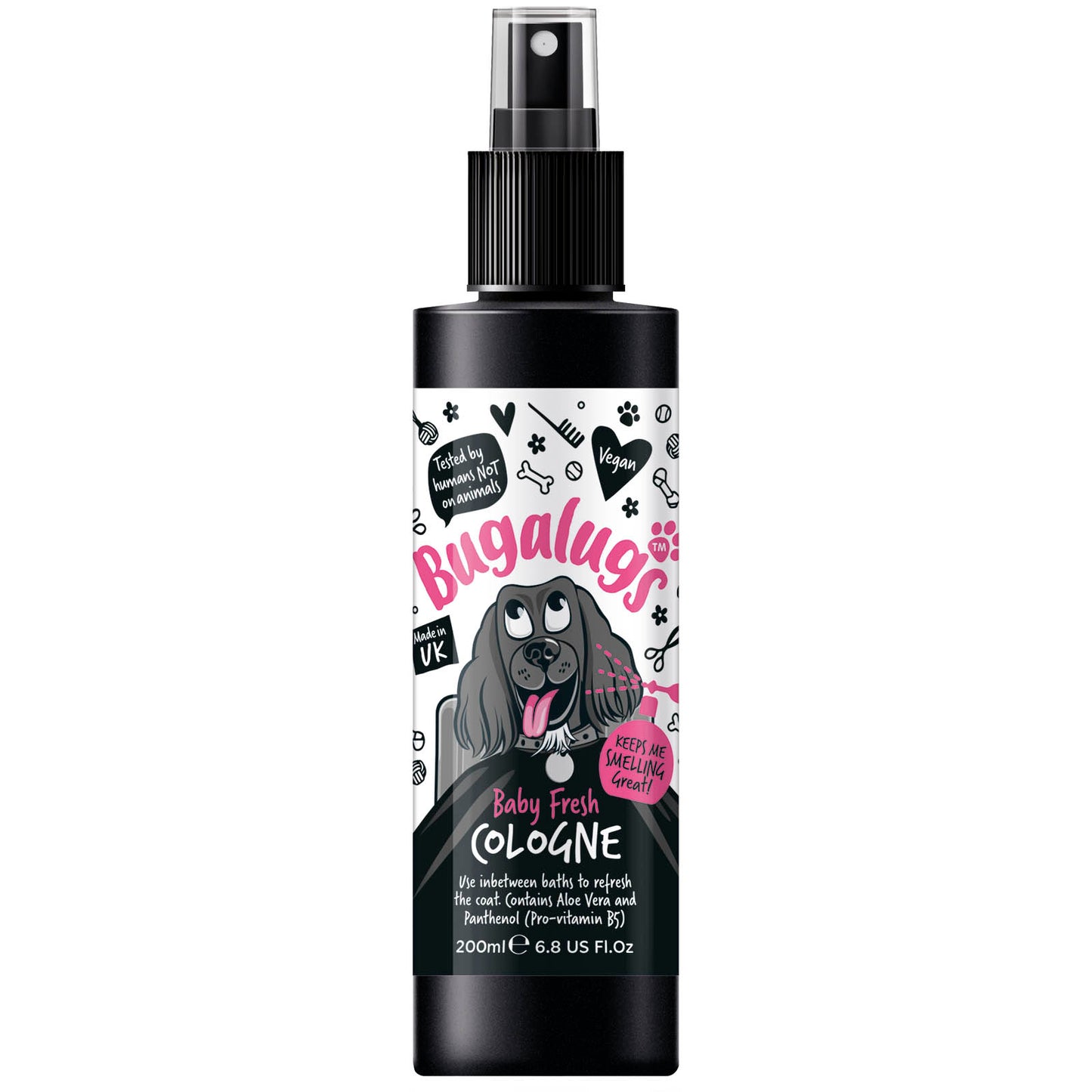 A bottle of bugalugs baby fresh dog deodorant spray on an all white background.