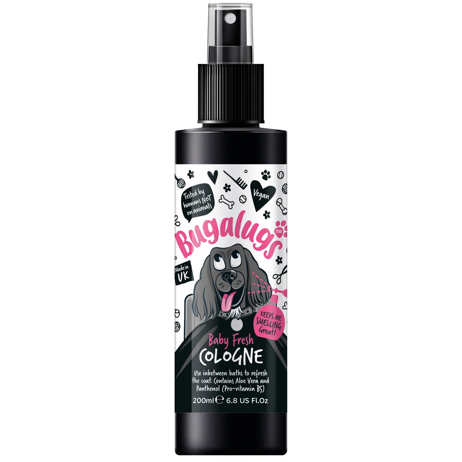 A bottle of bugalugs baby fresh dog deodorant spray on an all white background.