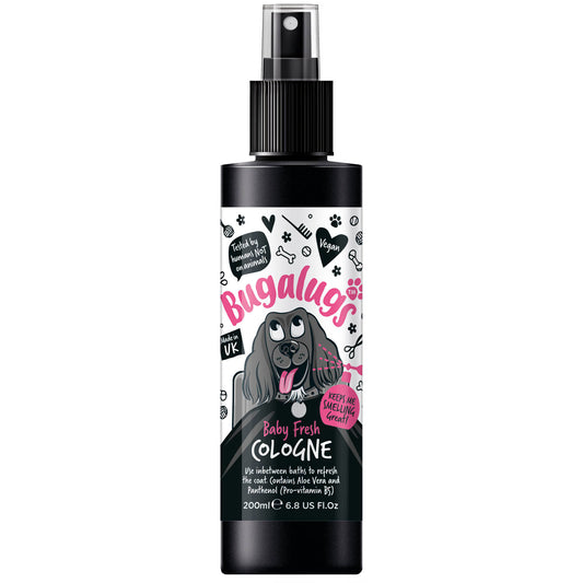 A bottle of bugalugs baby fresh dog deodorant spray on an all white background.