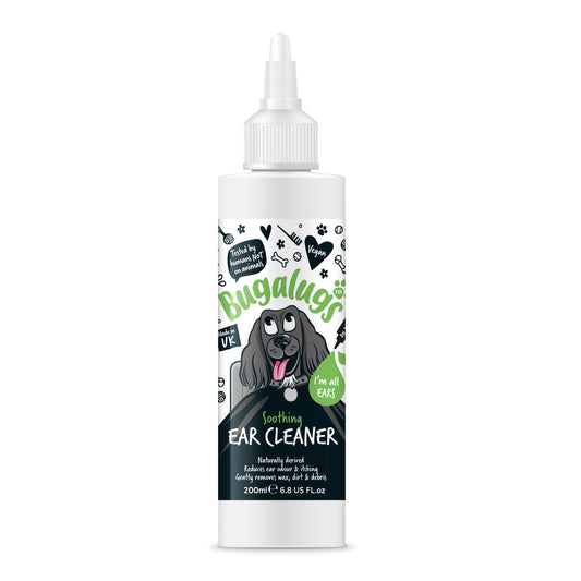 A bottle of Bugalugs dog and cat ear cleaner on an all white background.