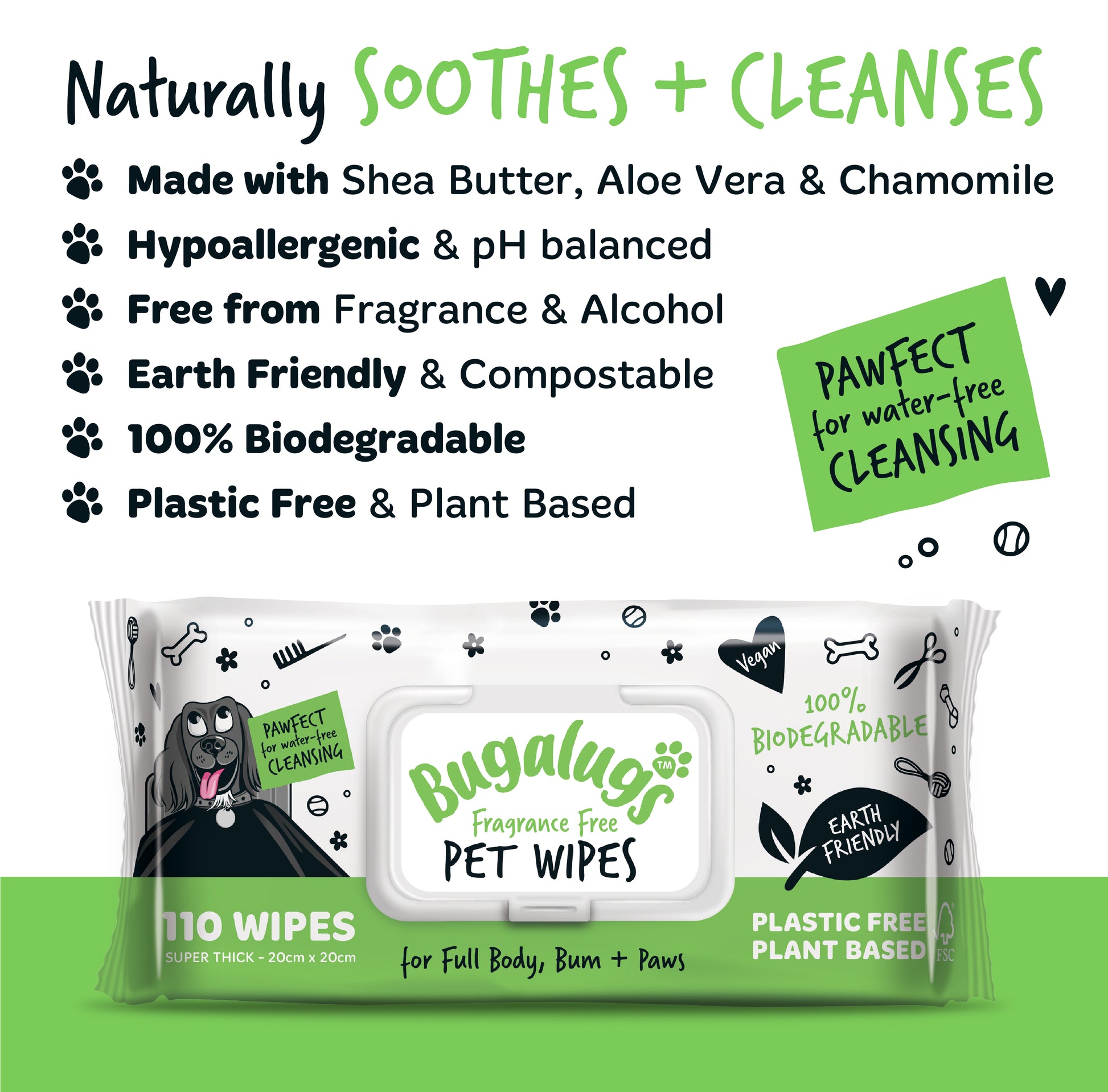 A packet of Bugalugs pet wipes for cats and dogs on an all white background with bullet points above it to highlight the features of the product.