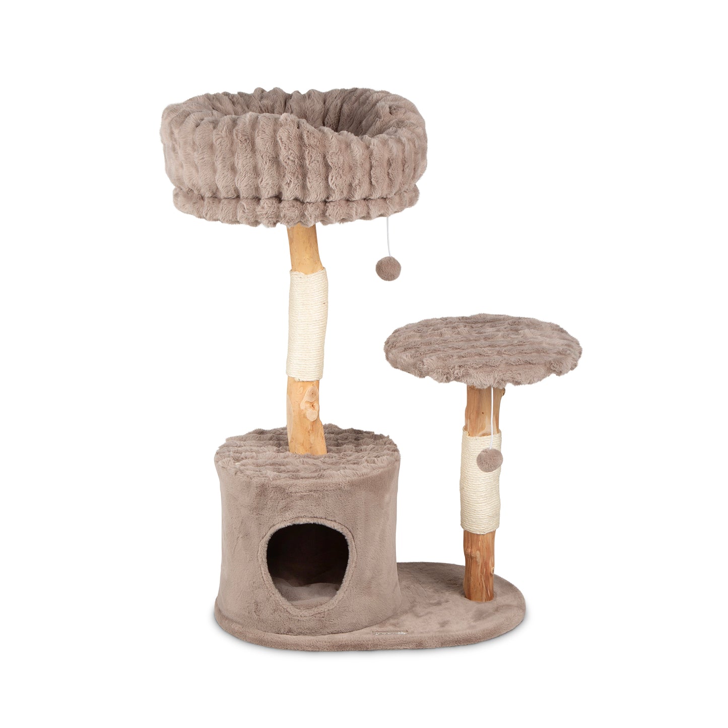 Cat tree tower with multiple levels and a hanging ball on a white background