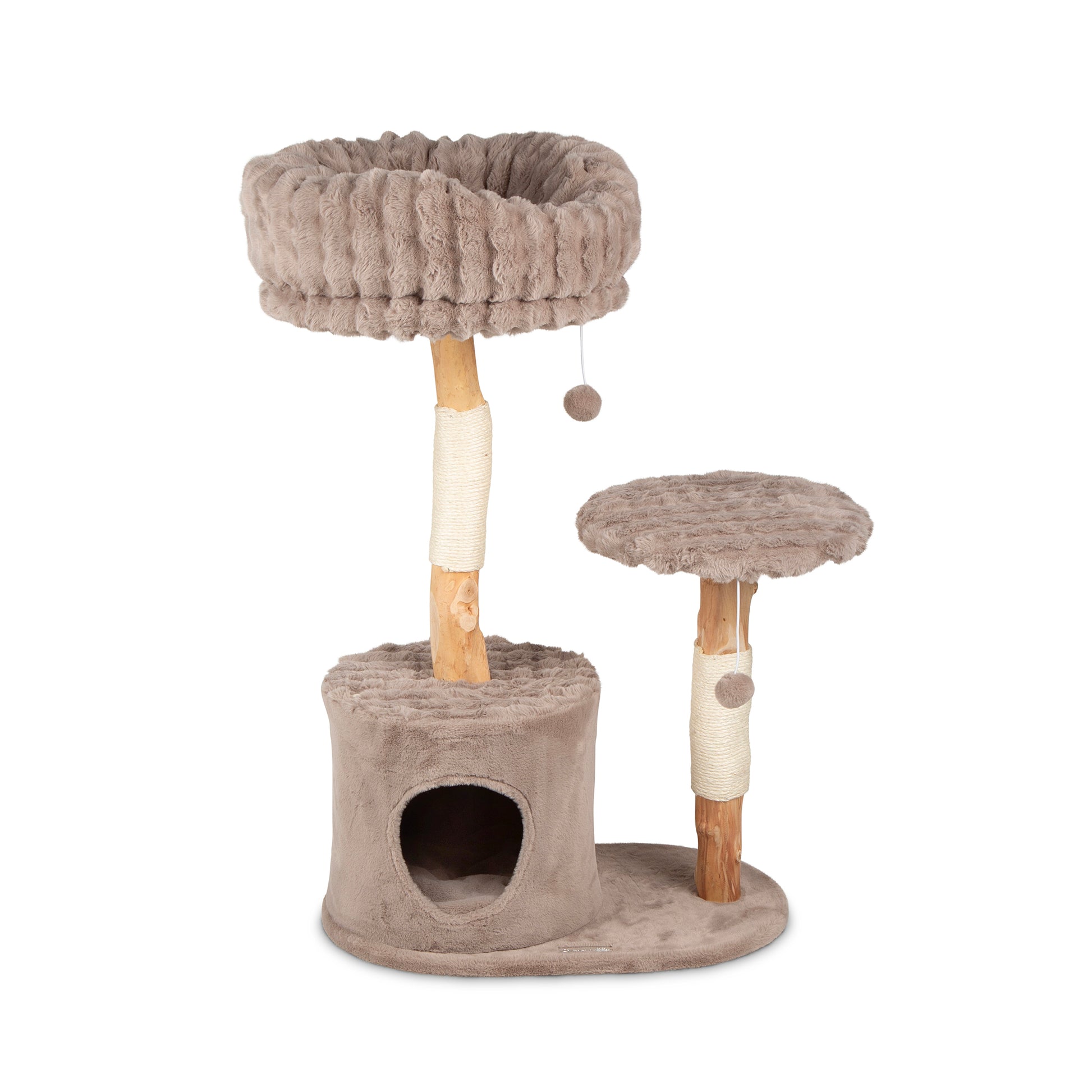 Cat tree tower with multiple levels and a hanging ball on a white background