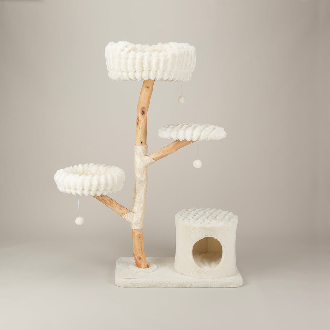 Cat tree tower with multiple levels and perches on a plain background