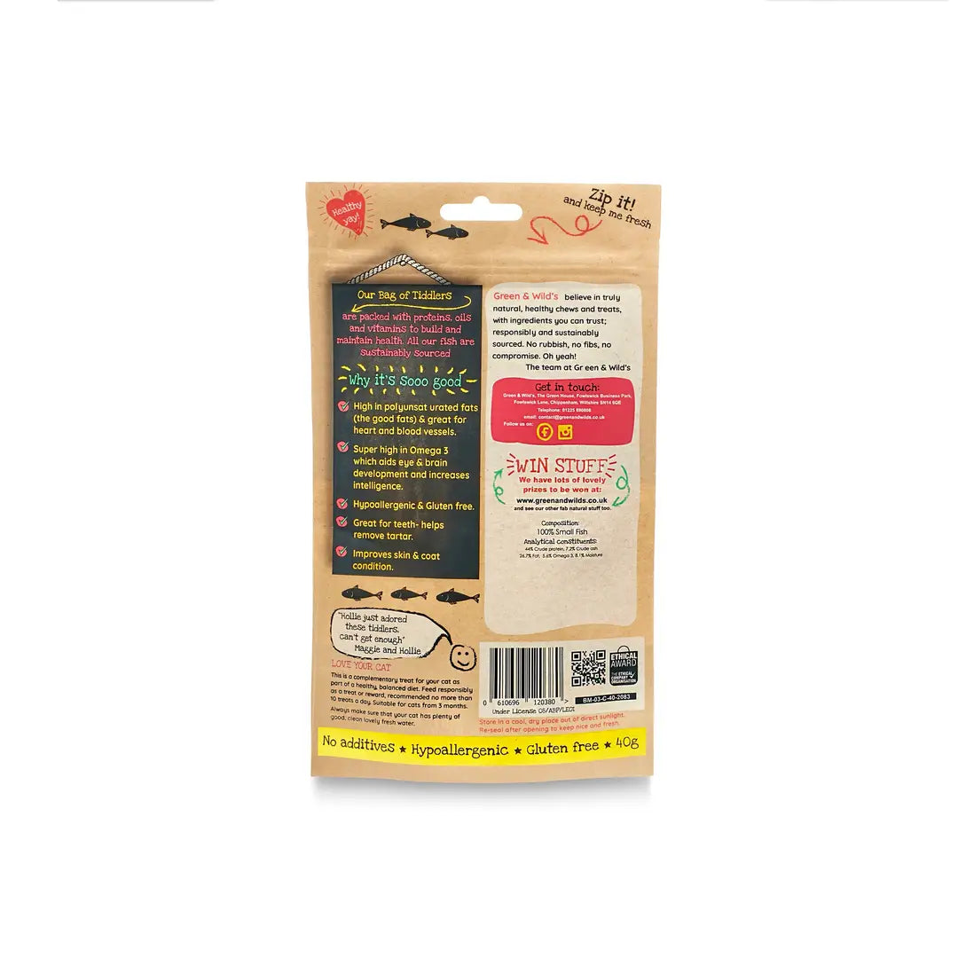 Back view of natural cat treats package with text and graphics on a white background