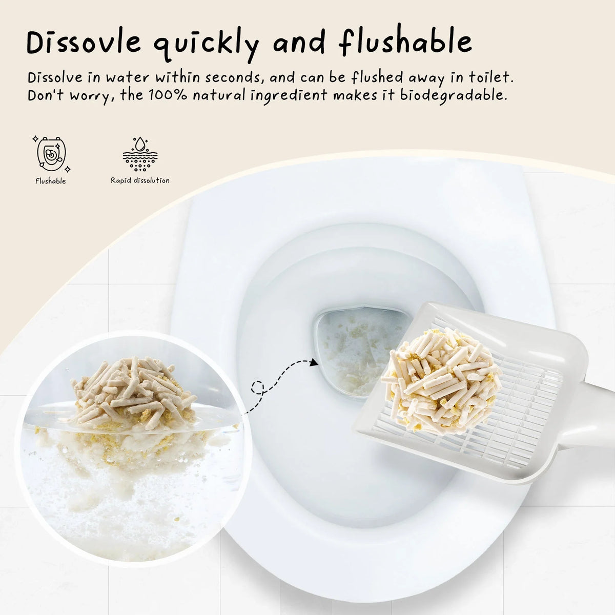 CocoCat tofu cat litter shown dispersing in water