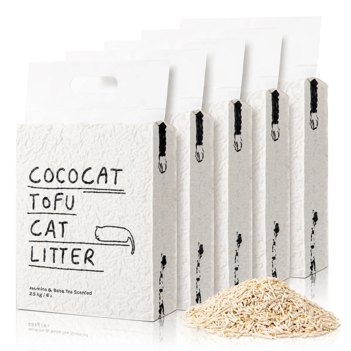 Five bags of CocoCat Plant-Based Tofu Cat Litter with loose litter