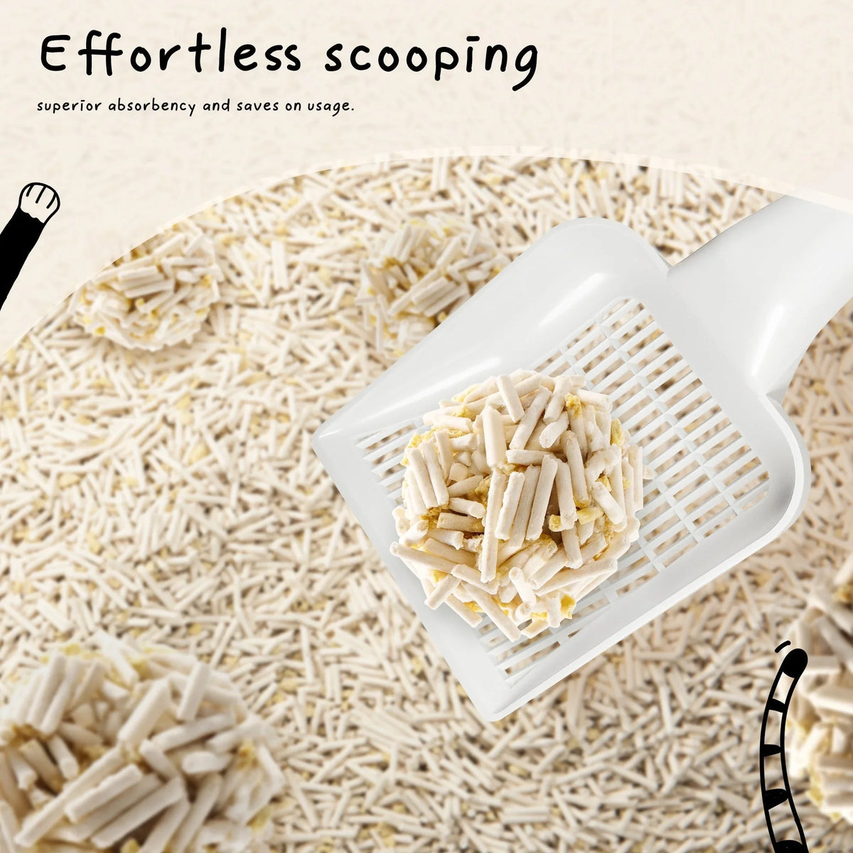 Clumped CocoCat tofu cat litter being lifted with a litter scoop
