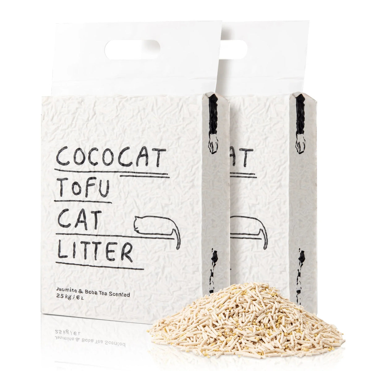 Two bags of CocoCat Plant-Based Tofu Cat Litter with loose litter