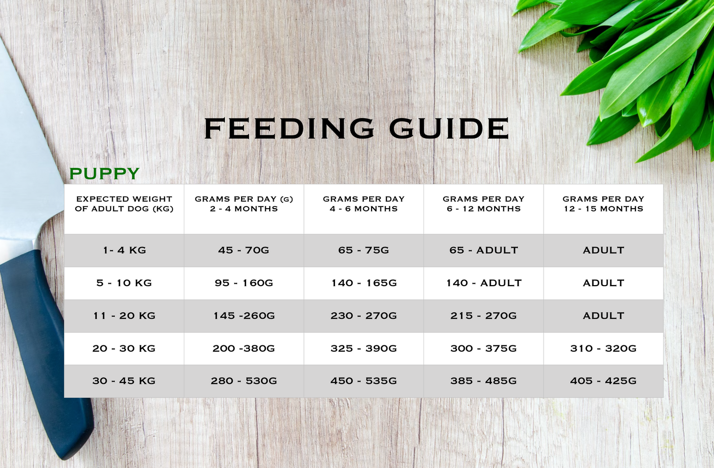 Country Barn Turkey & Pork Puppy Dog Food feeding guide