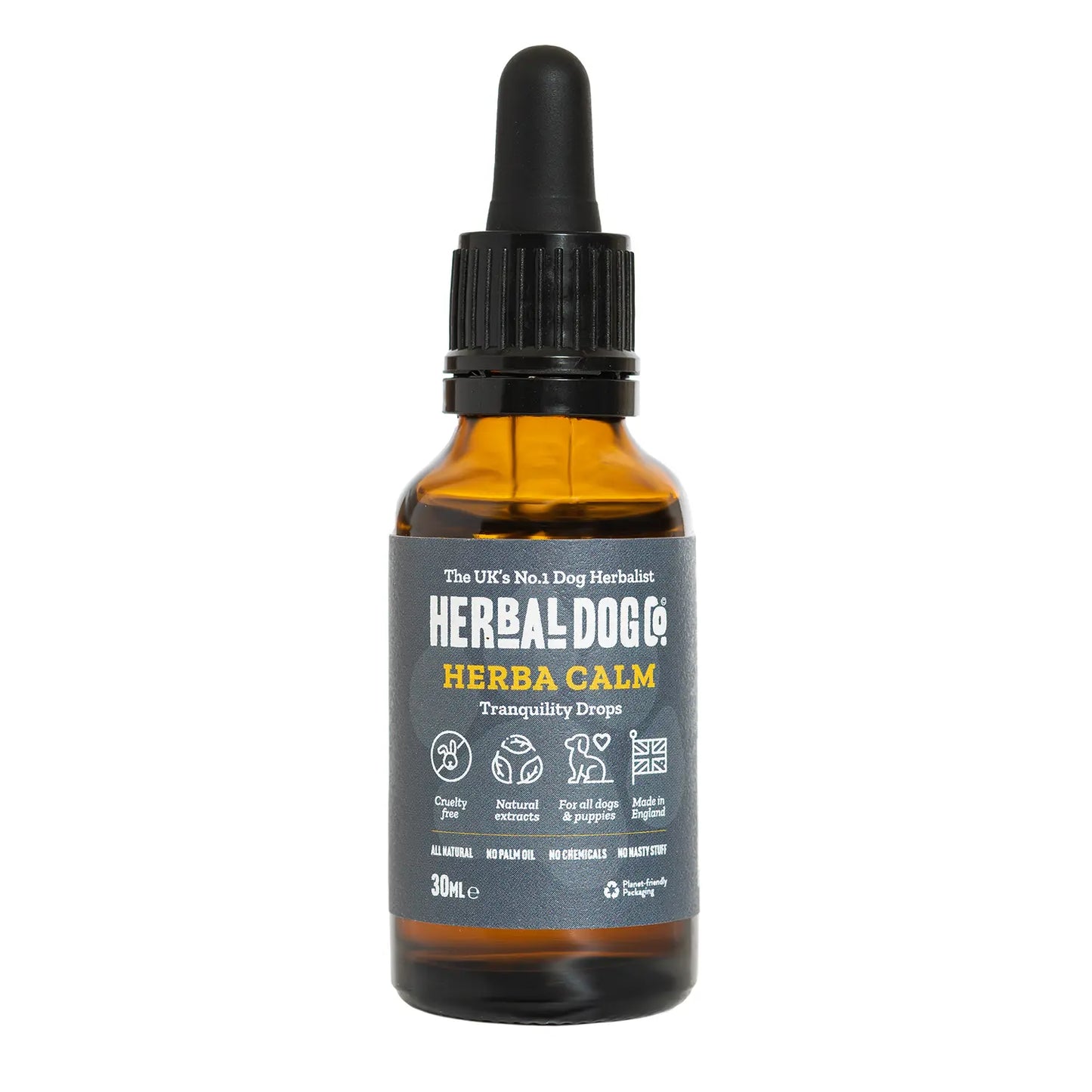 The front of a 30ml bottle of Herbacalm Dog Calming Supplements, Tranquillity Drops by Herbal Dog Co. on a white background.