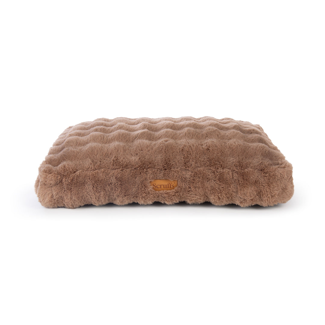 Brown textured dog mattress with 'Scruffs' brand logo on a white background