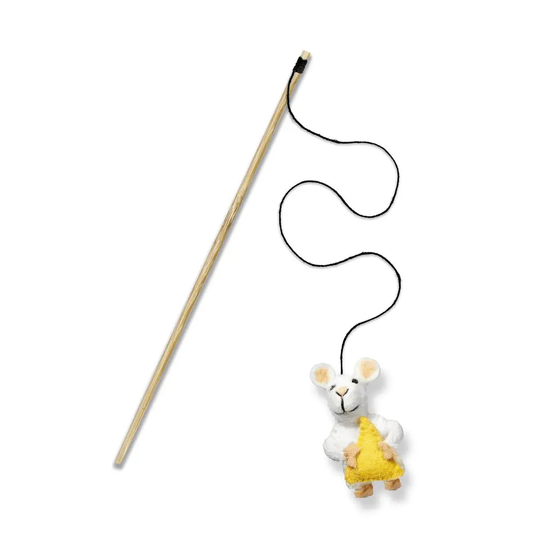 Monty jack mouse eco cat toy teaser laid down on an all white background.