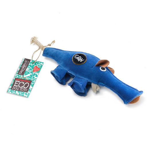 A blue suede eco dog toy shaped like a fish, with a label indicating it is an eco-friendly product.