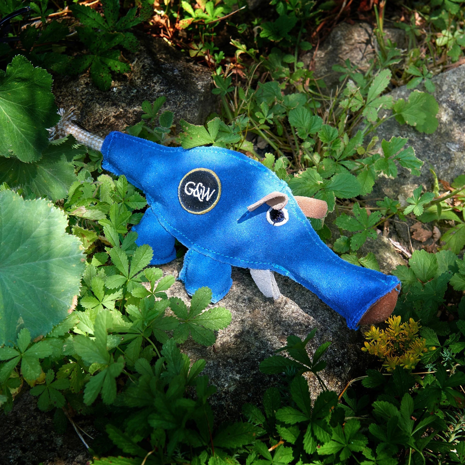 Blue dinosaur plush eco dog toy with a visible brand logo on a grassy ground.