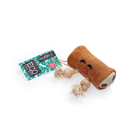 A brown eco dog toy resembling a chocolate bar with a face and jute rope legs, accompanied by a product label.