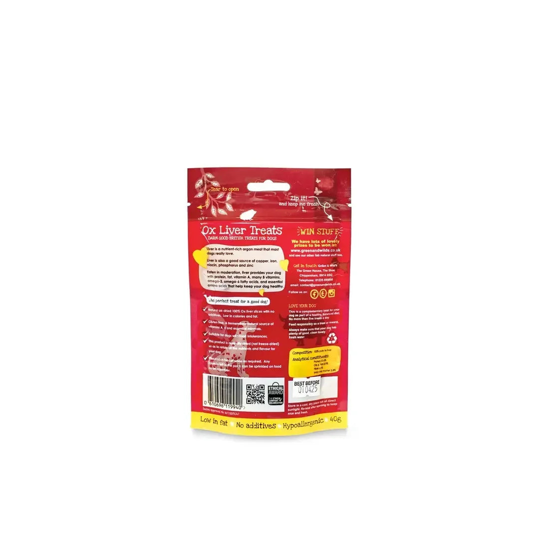 Back of ox liver dog treats packaging showing feeding guide and ingredients