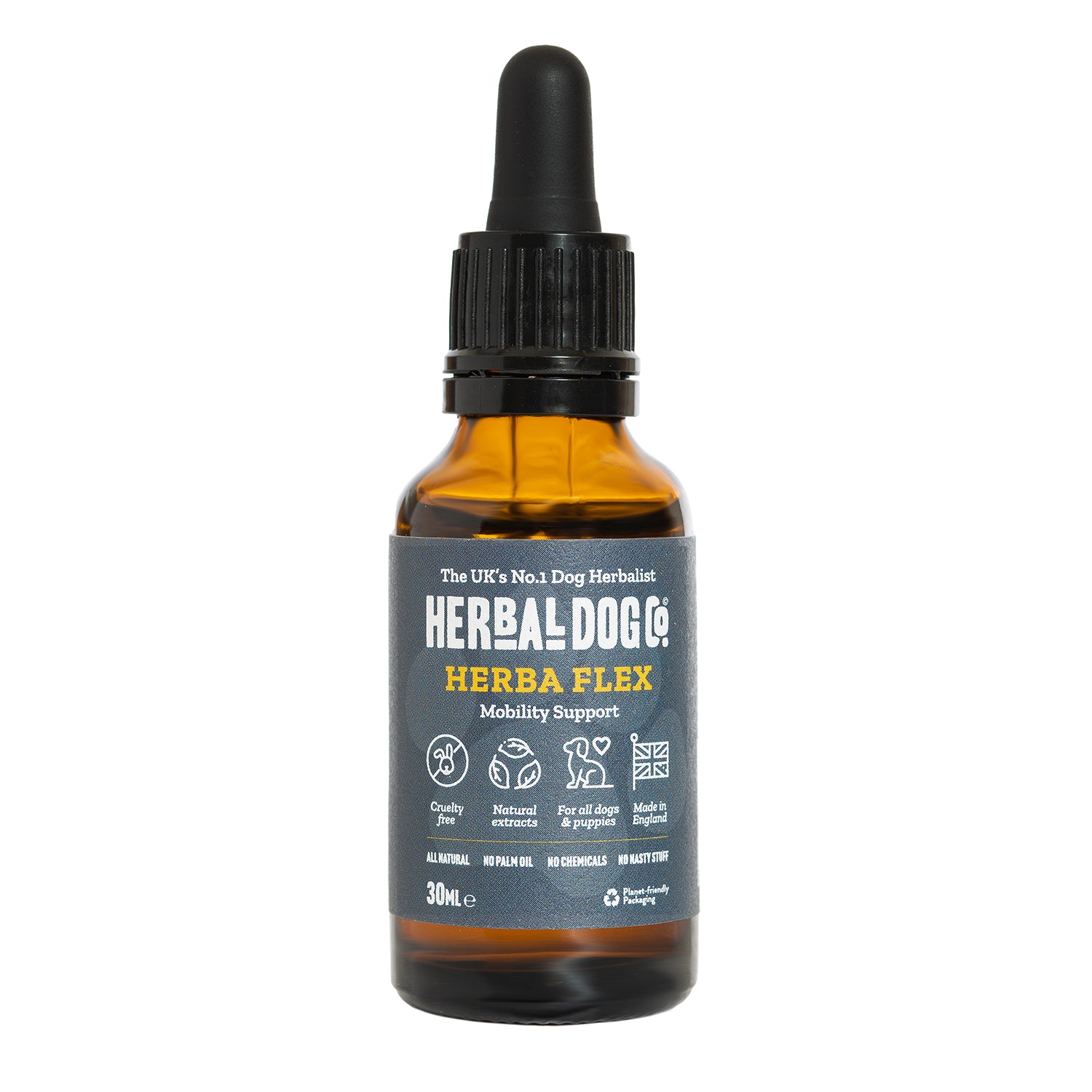The front of a 30ml bottle of Herbaflex Dog Joint Supplements Tonic by Herbal Dog Co. on a white background.