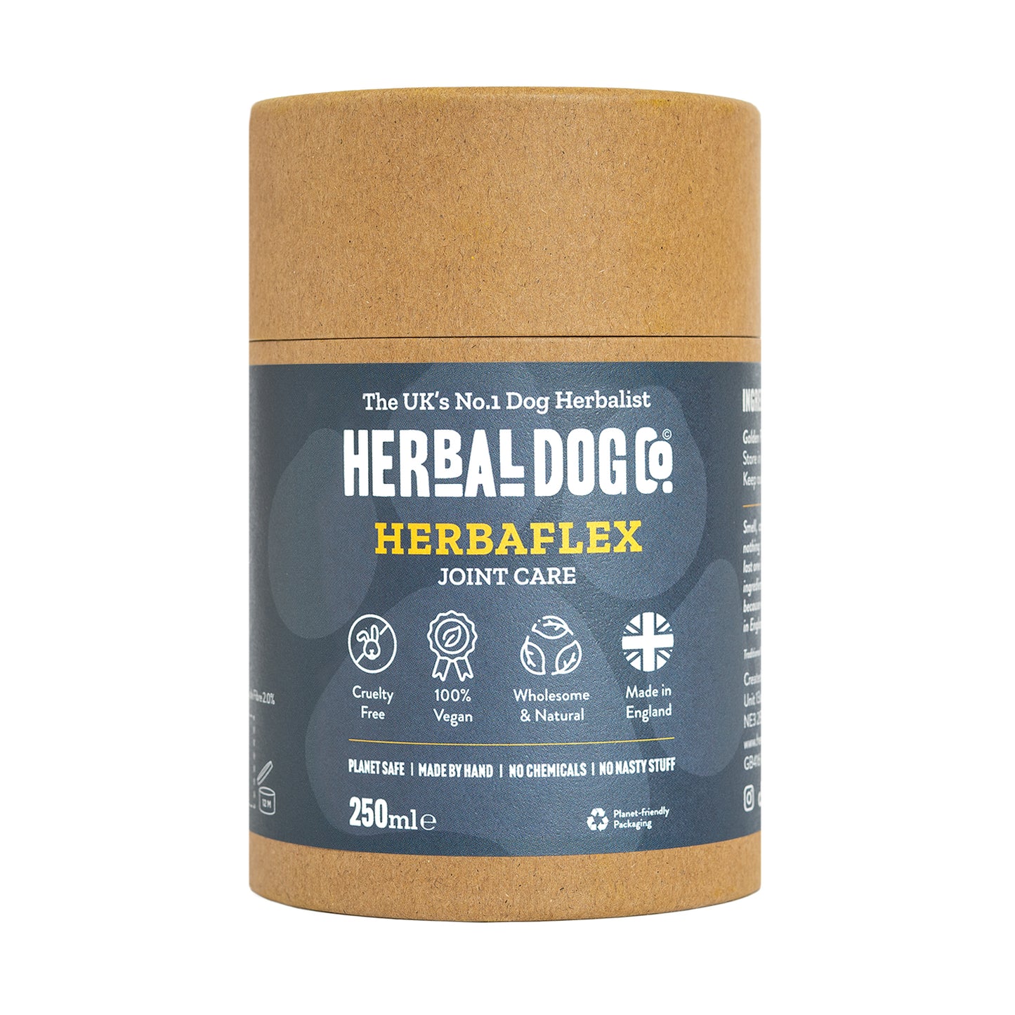 An unopened tub of Herbaflex joints and mobility blend dog supplements by Herbal Dog Co. on an all white background.