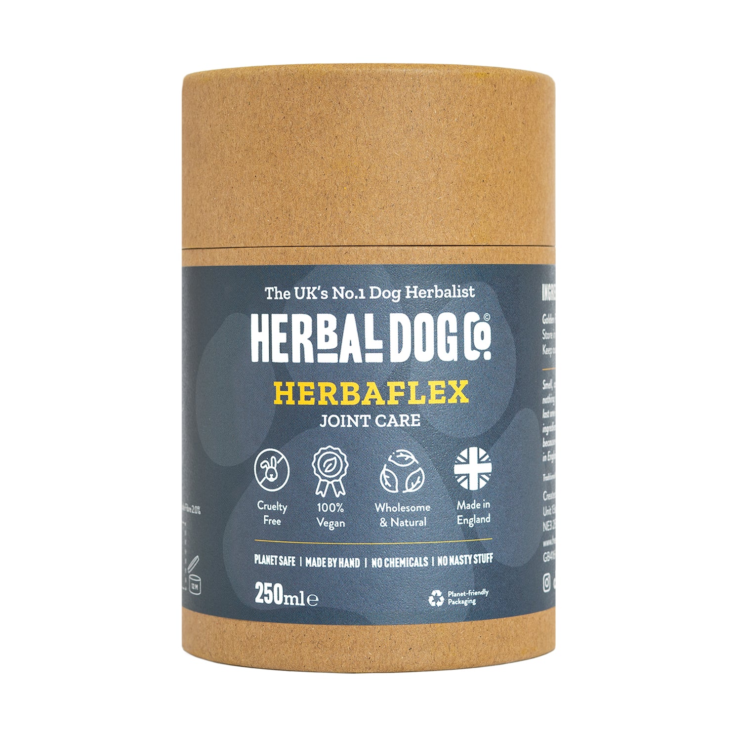 An unopened tub of Herbaflex joints and mobility blend dog supplements by Herbal Dog Co. on an all white background.