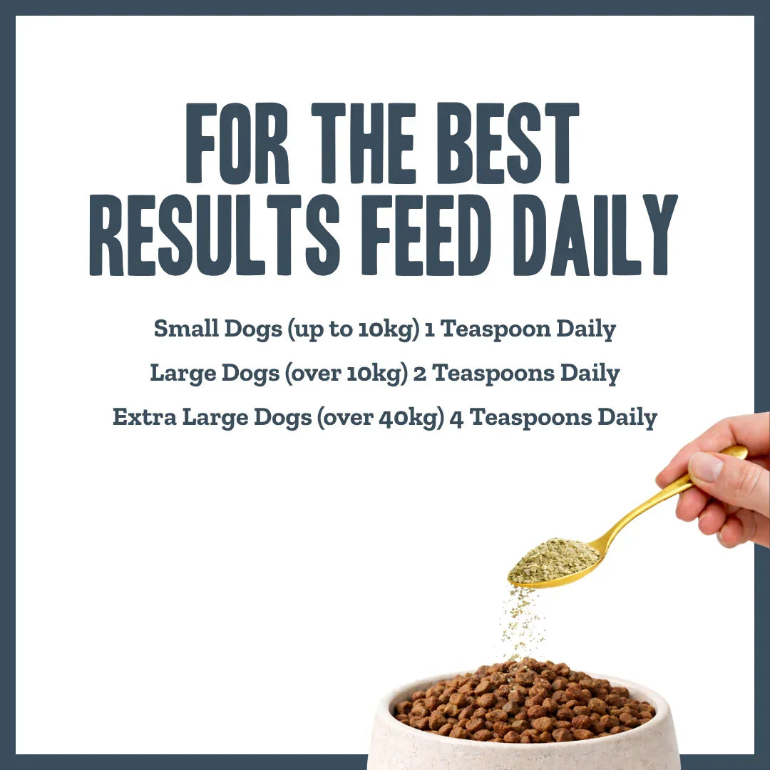 Feeding guide for Herbacalm Calming Dog Supplements showing daily serving amounts by dog size