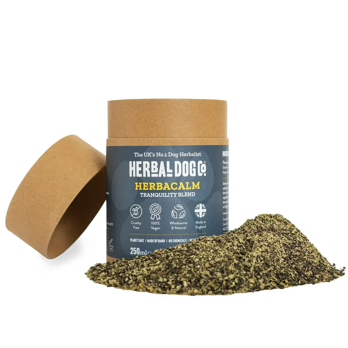 Herbacalm Calming Dog Supplements powder beside product container