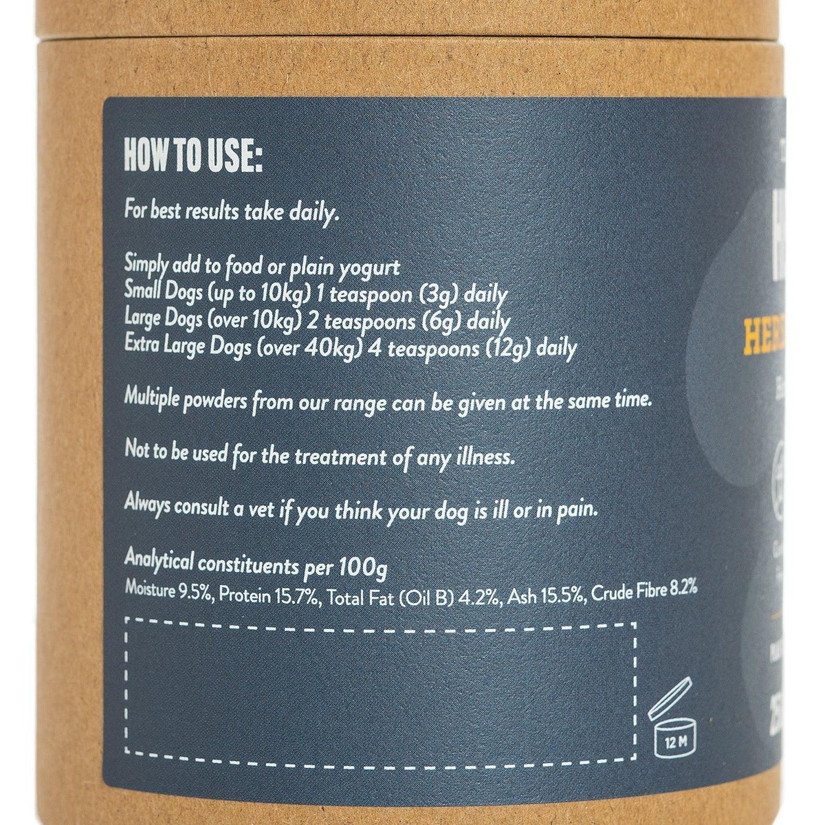 Feeding guide showing daily serving amounts for Herbacare Skin & Fur dog supplements