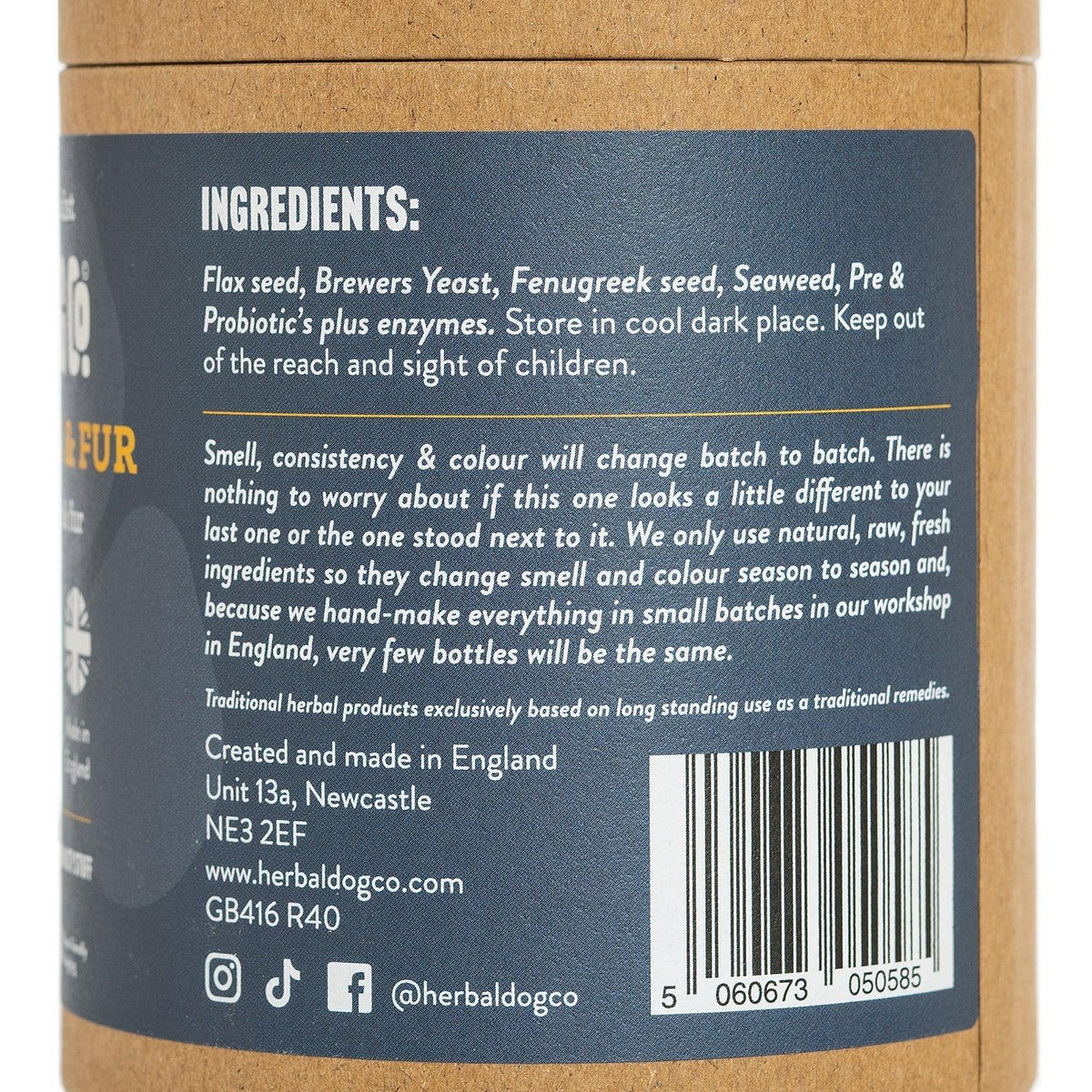 Ingredients used in Herbacare Skin & Fur dog supplements including flax seed, brewers yeast, fenugreek seed, seaweed, prebiotics and probiotics