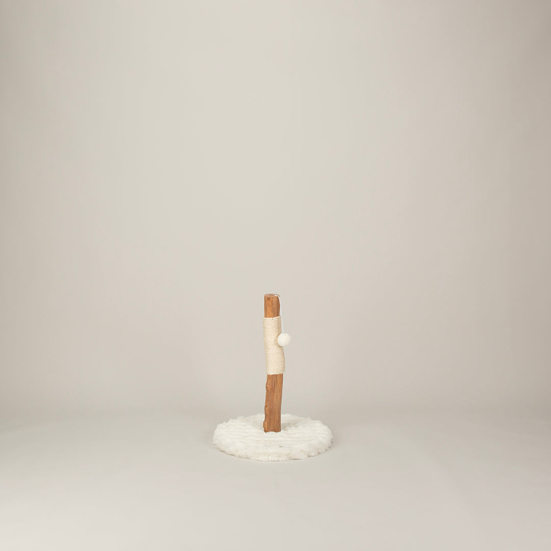 Cat scratching post with a wooden poll and white ball on a grey background