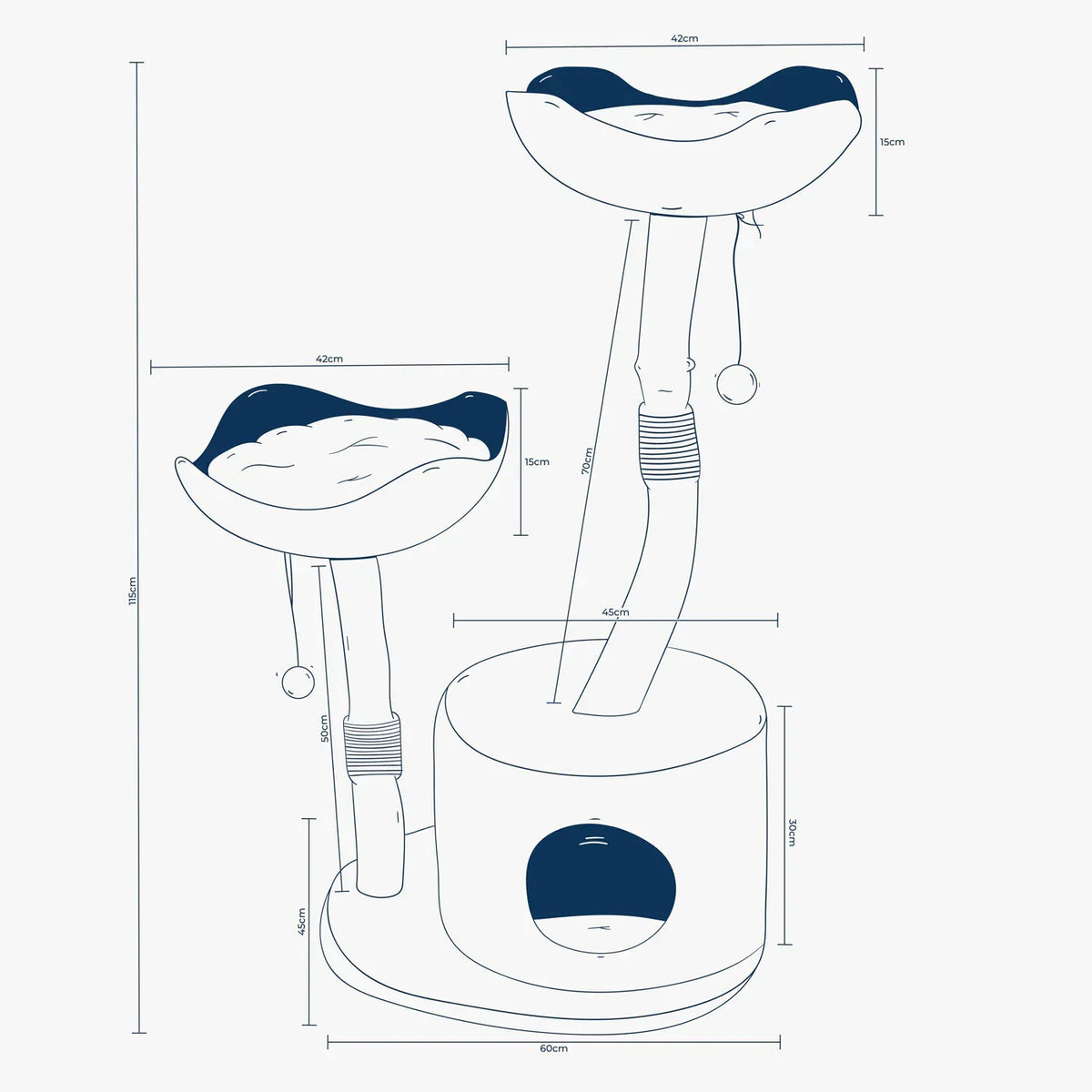 Lords & Labradors basket cat tree dimensions showing height, basket sizes, and base width