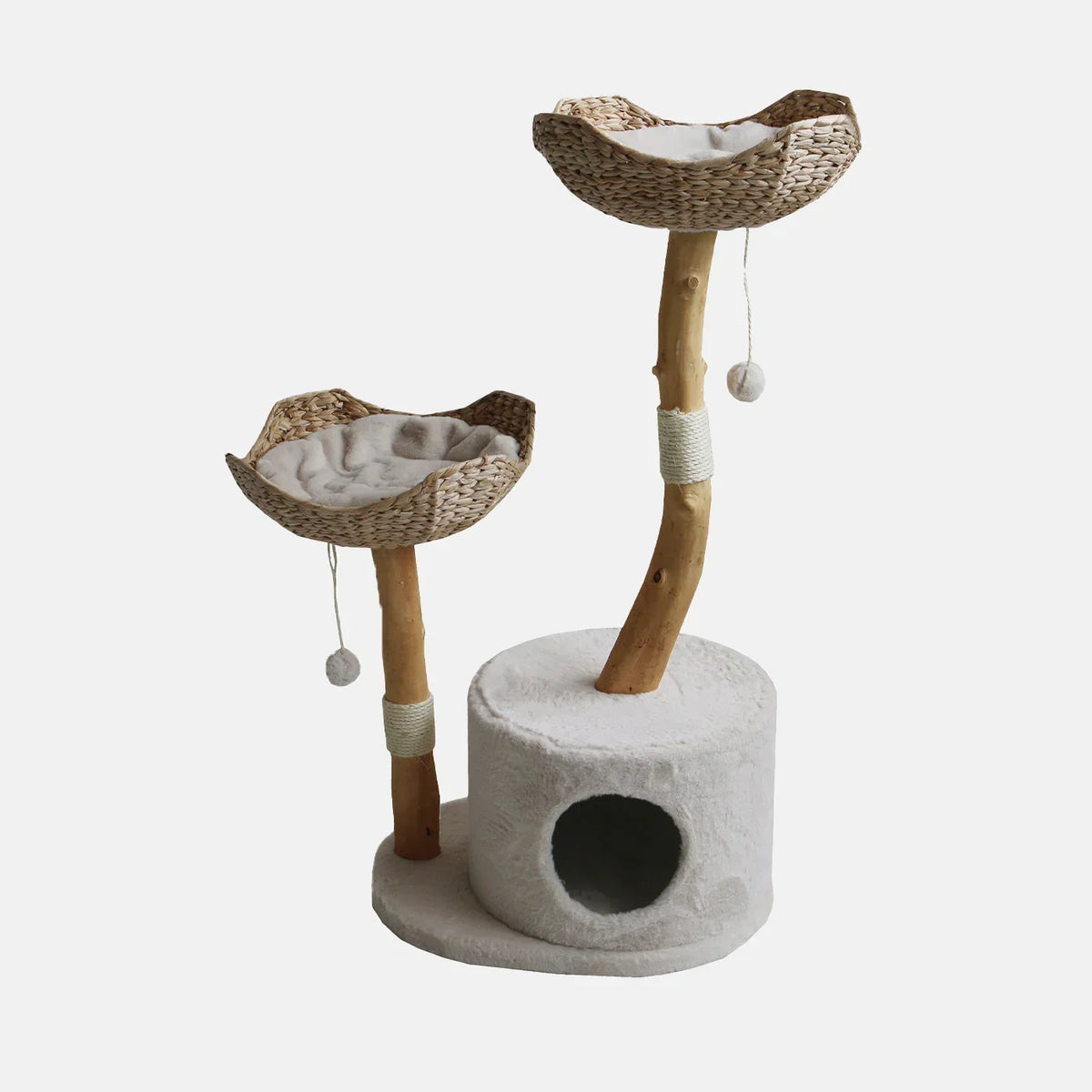 Lords & Labradors basket cat tree with two wicker beds and base cave on white background
