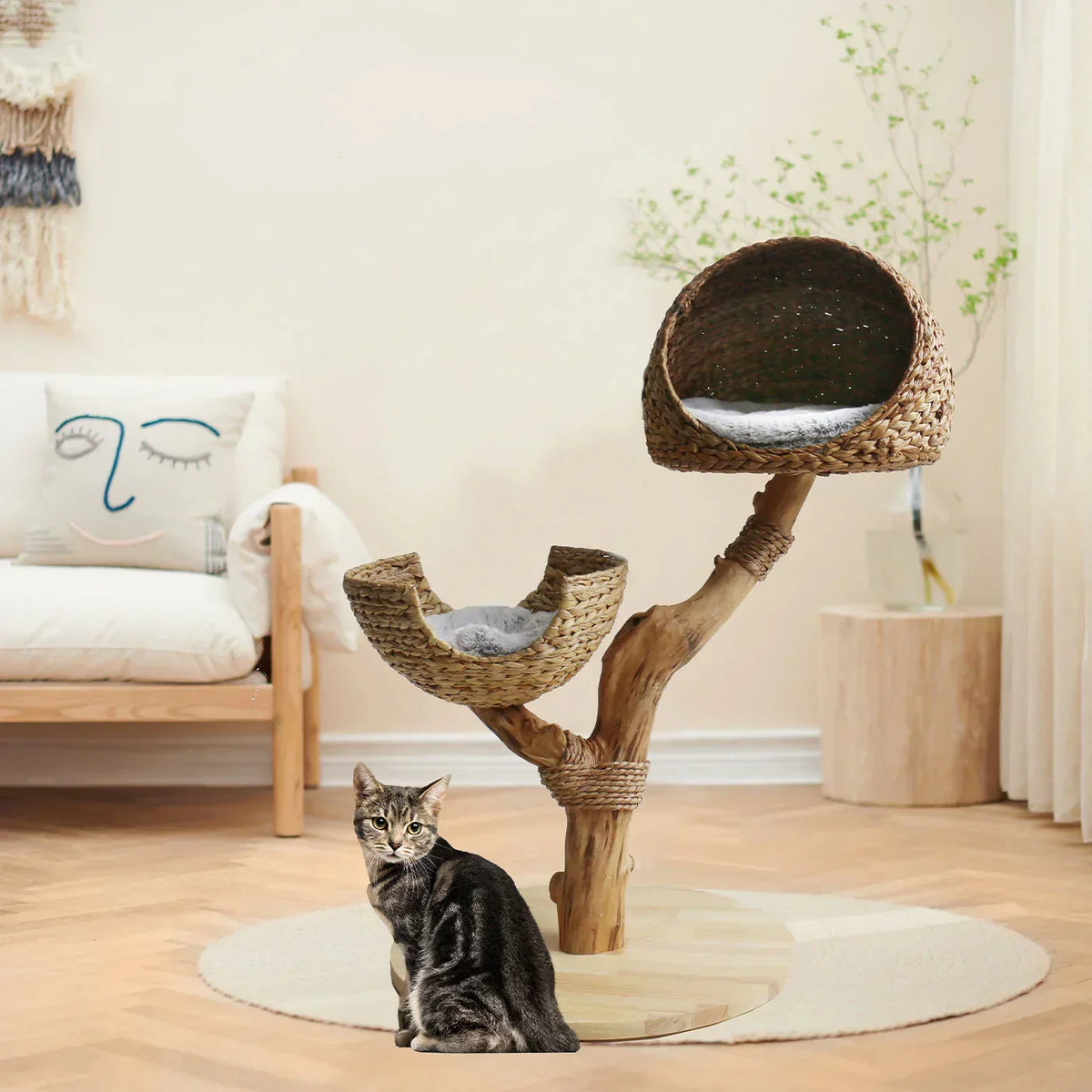 Back To Nature Duo cat tree by Lords and Labradors in a living room with two wicker beds and natural wood frame