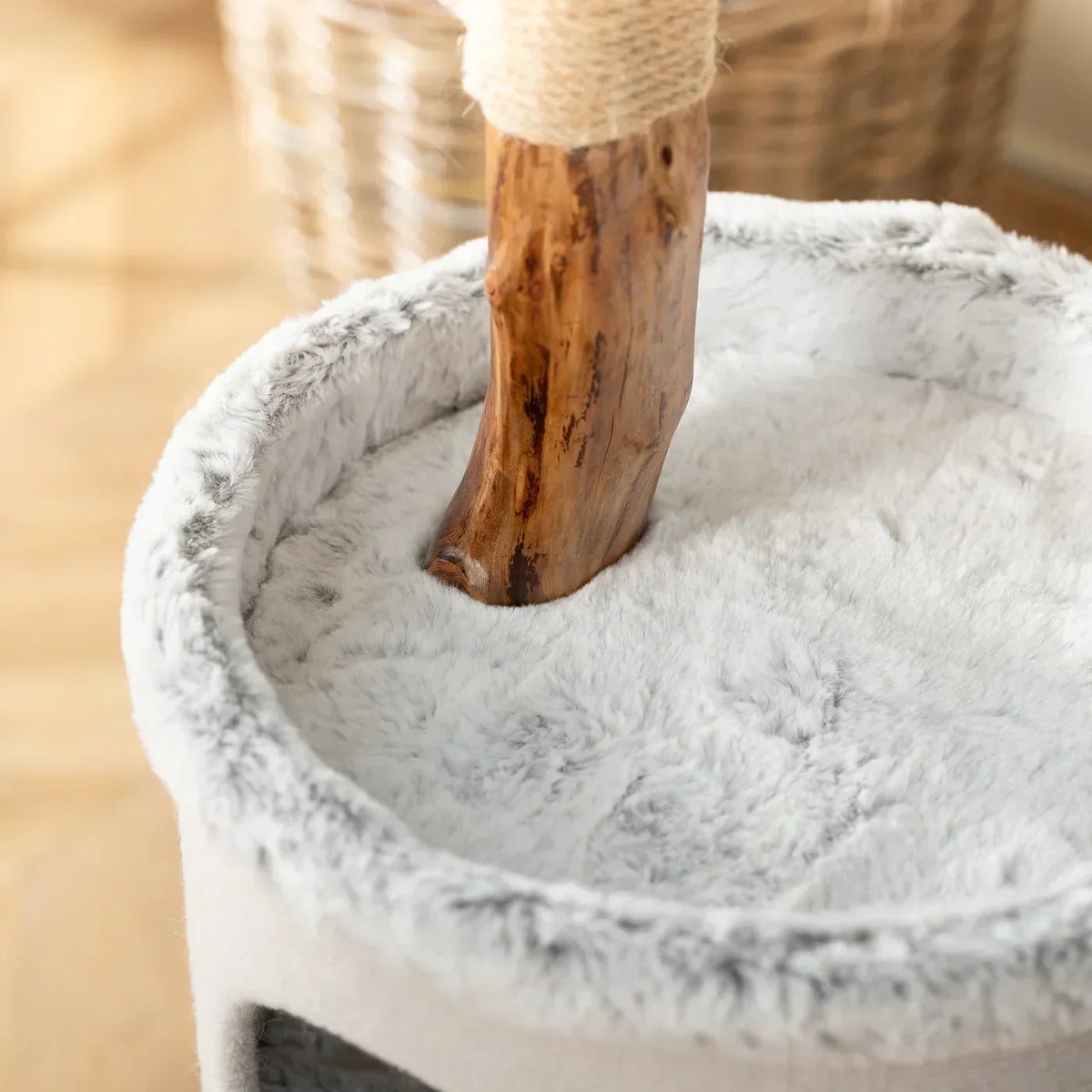 Close up of the cushioned platform on the Lords & Labradors Back To Nature High Rise Cat Tree