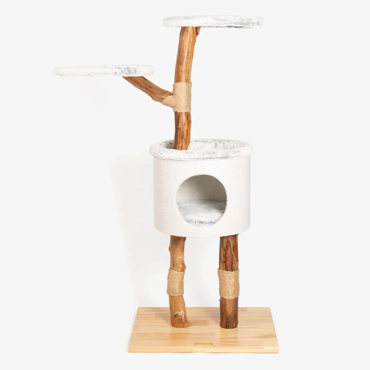 Lords & Labradors Back To Nature High Rise Cat Tree with wooden posts, enclosed cave bed, and three platforms on a white background