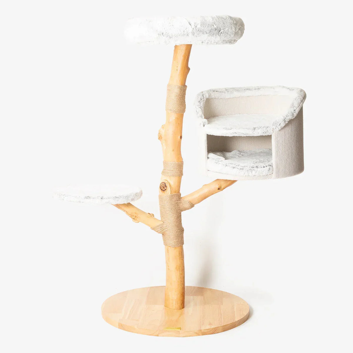 Back To Nature Luxe Cat Tree by Lords & Labradors on a white background with platforms and a covered bed