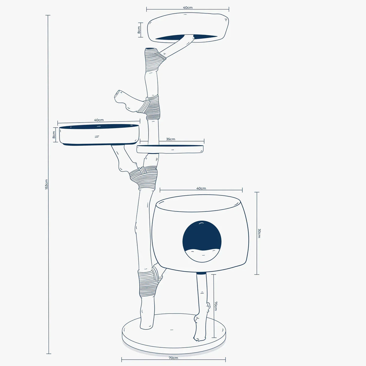 Lords & Labradors Back To Nature Penthouse cat tree dimensions diagram showing height, base size, platforms, and hideaway measurements
