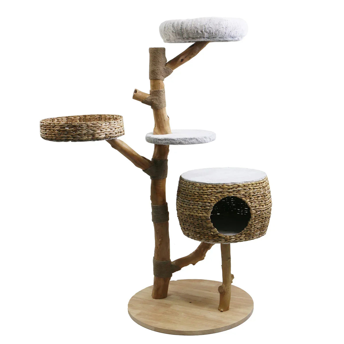 Lords & Labradors Back To Nature Penthouse cat tree in natural wood with wicker hideaway and sisal scratching posts on a white background