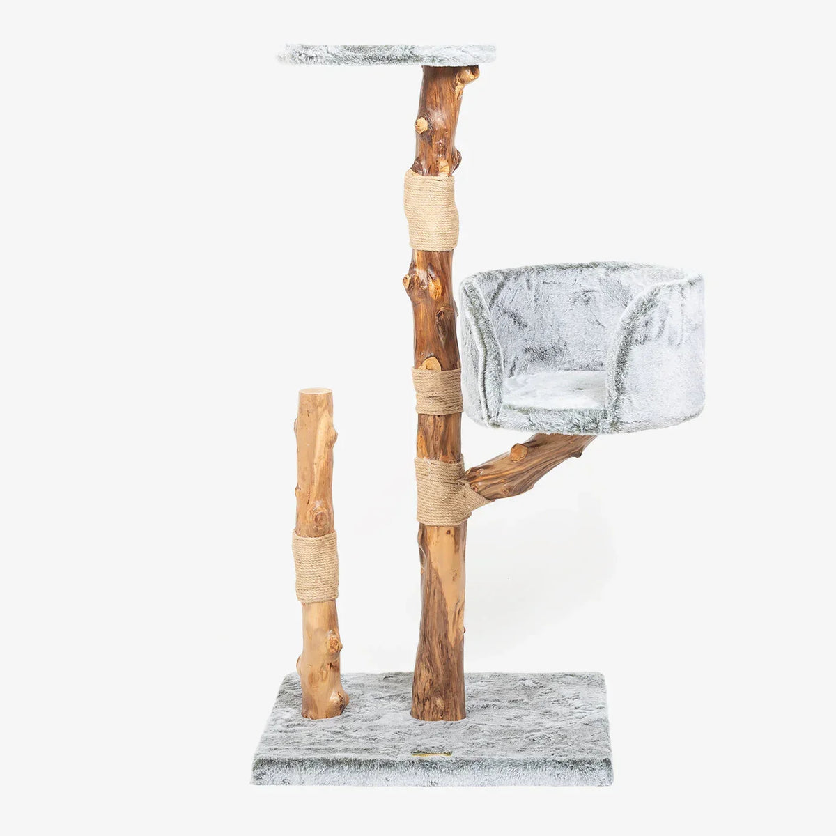Lords & Labradors Back to Nature Trio cat tree with wooden posts and grey platforms on white background