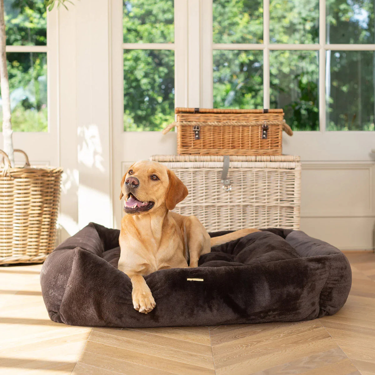Lords & Labradors dusk calming anti anxiety faux fur box bed with raised bolsters in a sunlit room.