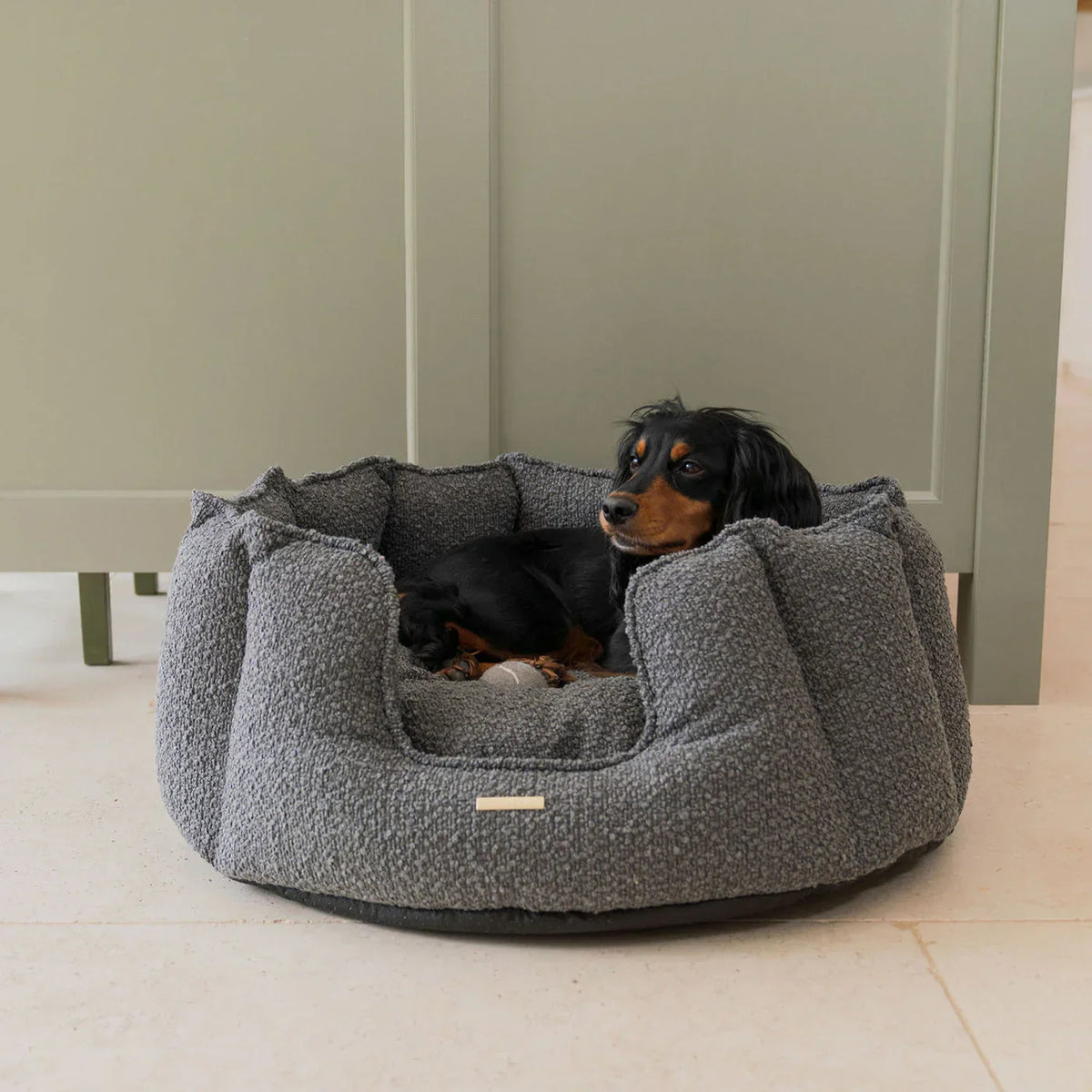 Lords & Labradors granite boucle round bolster dog bed with deep supportive sides
