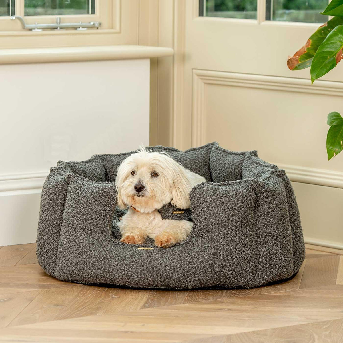 Lords & Labradors granite boucle high wall dog bed with dog resting on wooden floor