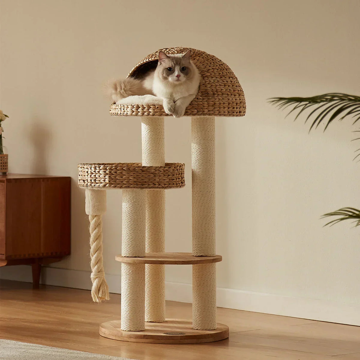 Lords & Labradors Helsinki Dome cat tree with wicker dome bed and platforms in a modern living room