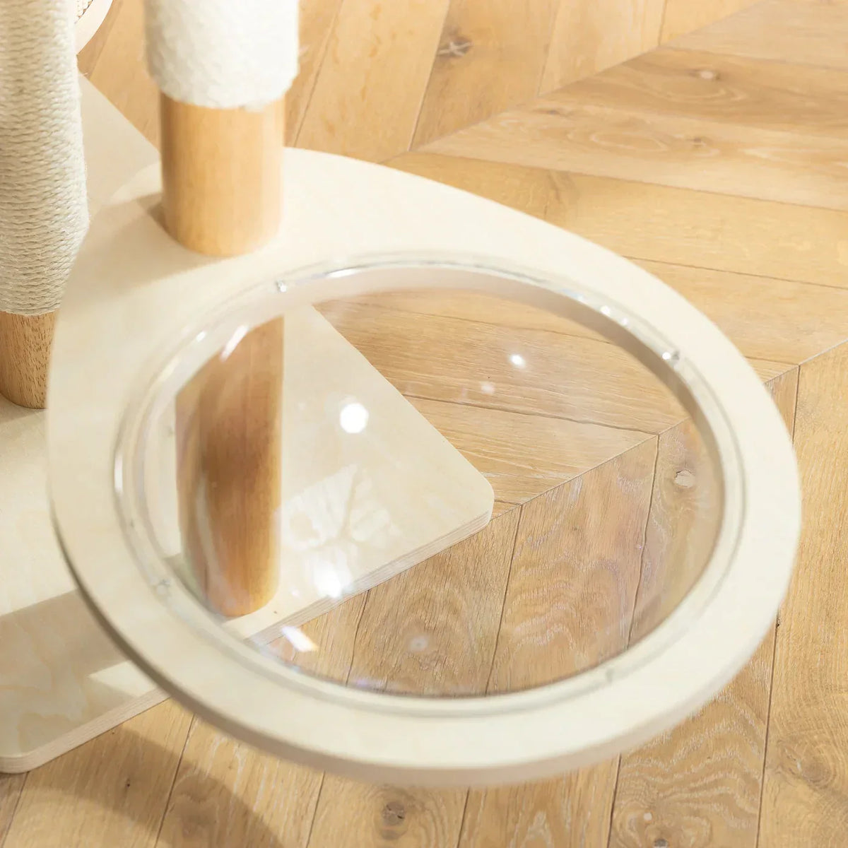 Helsinki Hide & Sleep cat tree by Lords & Labradors with clear hammock attached to wooden frame