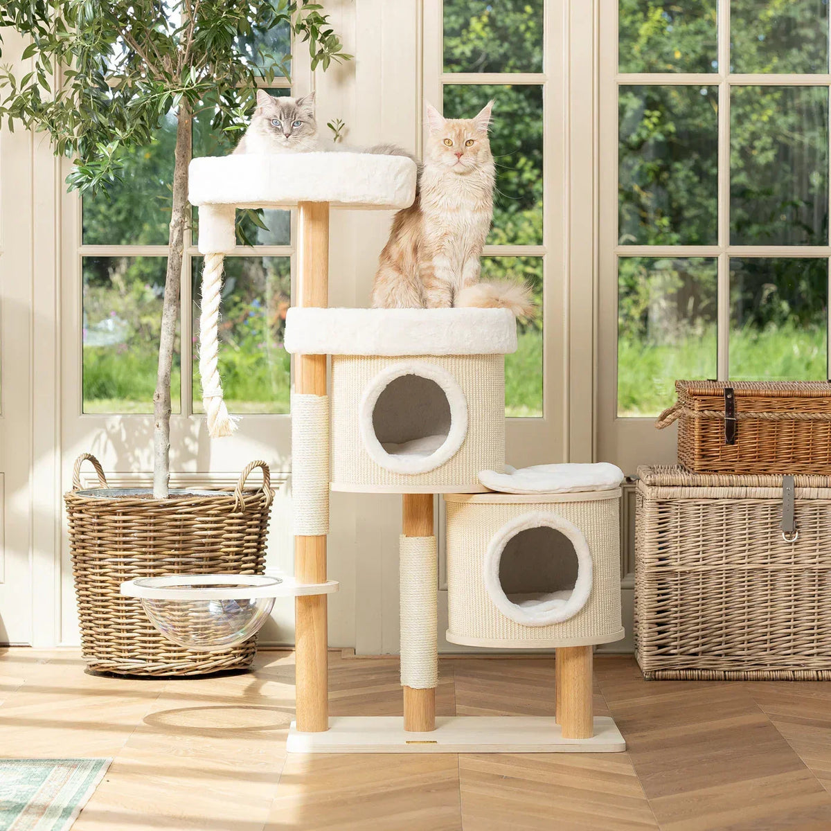 Helsinki Hide & Sleep cat tree by Lords & Labradors with two cats resting on platforms in front of a window