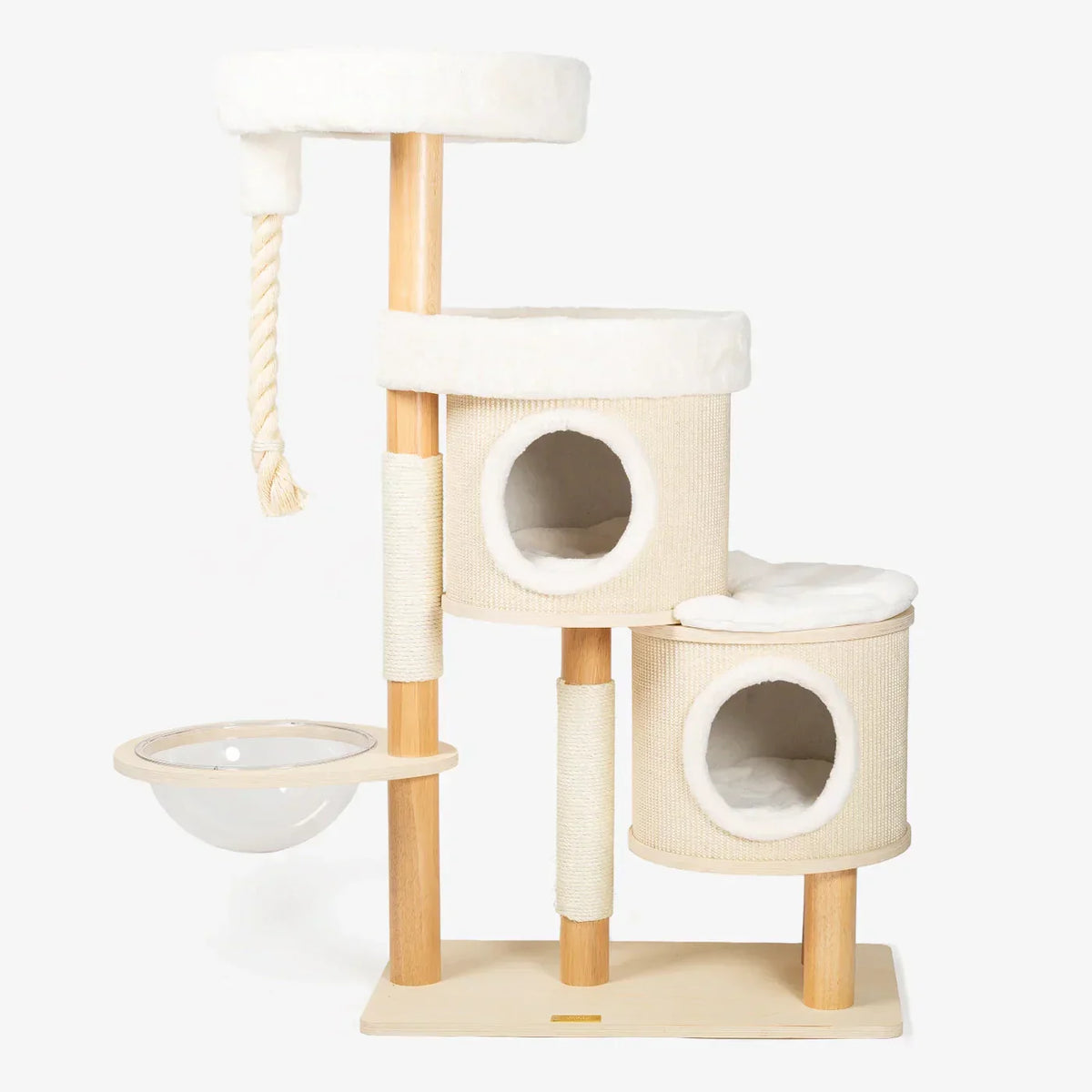 Helsinki Hide & Sleep cat tree by Lords & Labradors with two enclosed caves, platforms, and hammock on white background