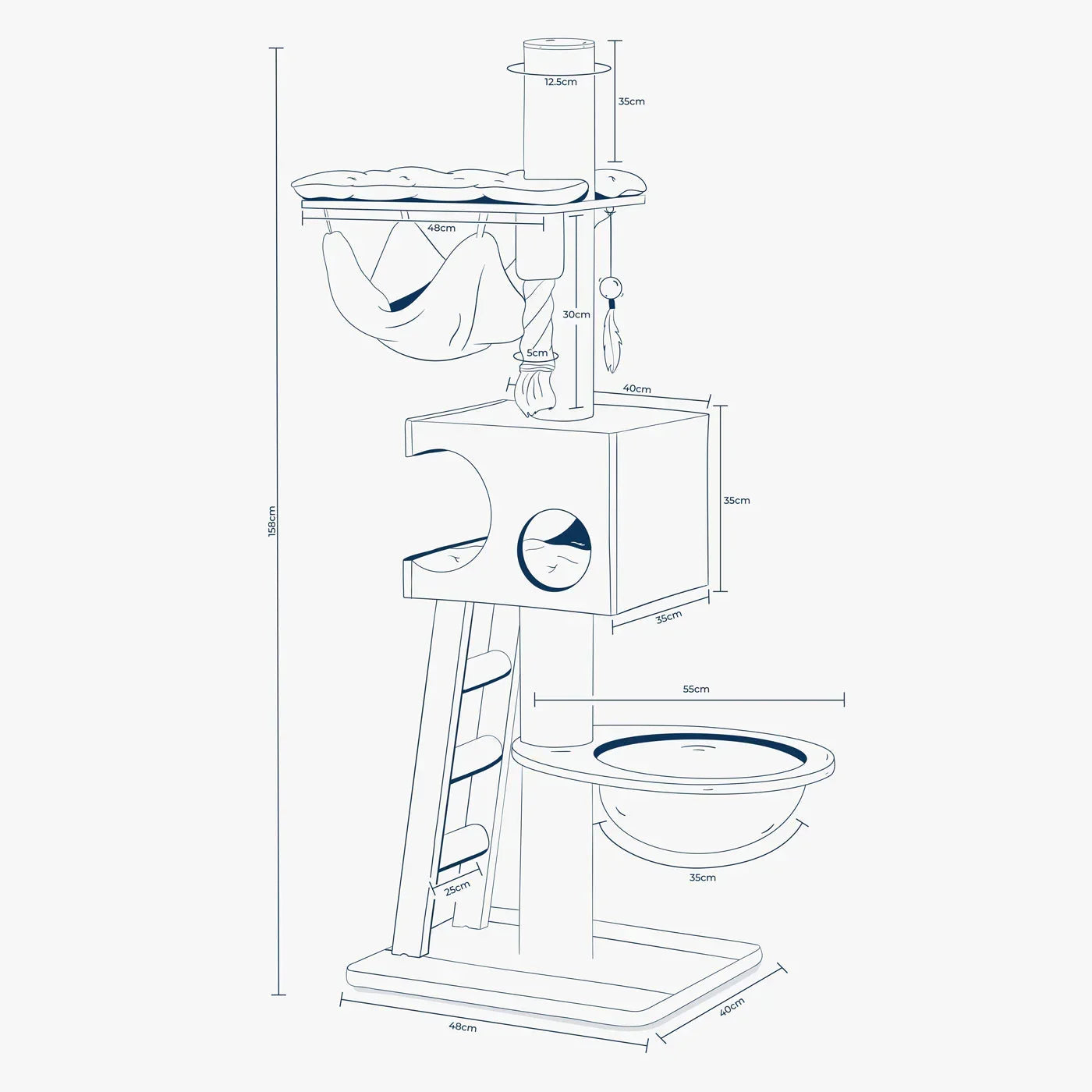 Play centre for cats dimensions diagram showing height, base size and platform layout