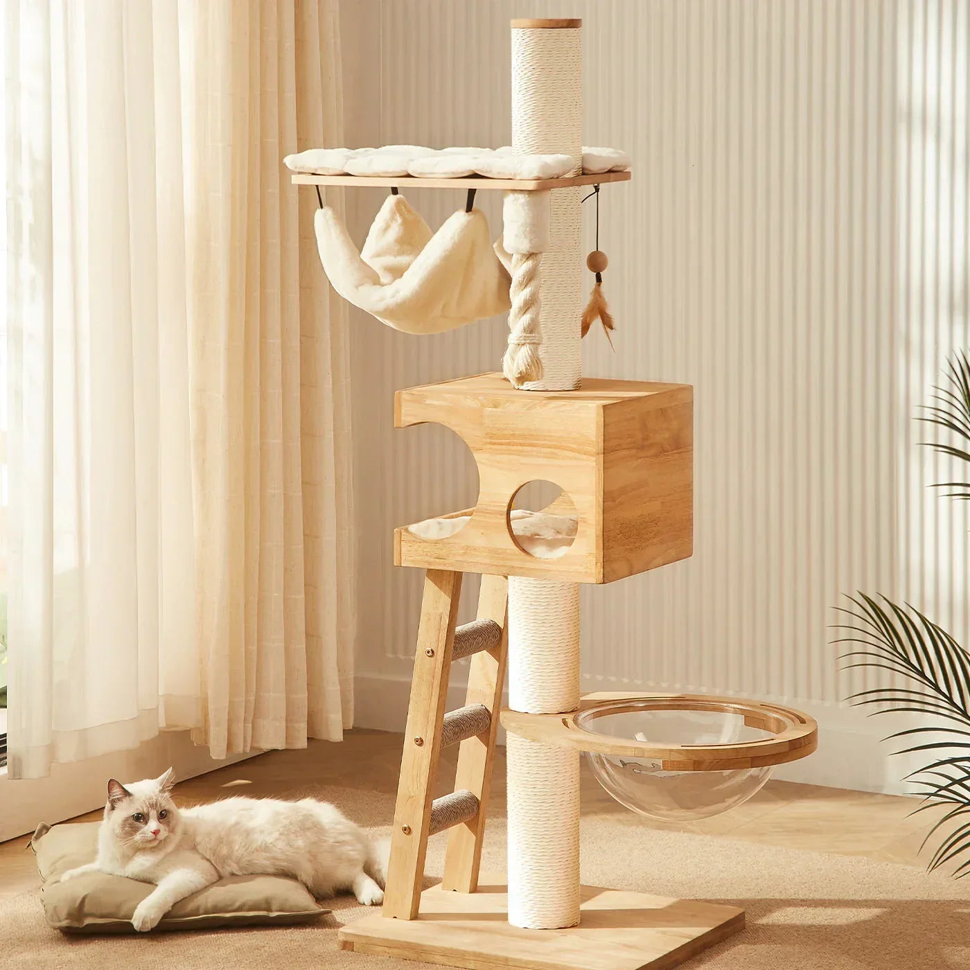 Lords & Labradors play centre for cats in a living room with platforms, hammock, hideaway and clear bowl bed