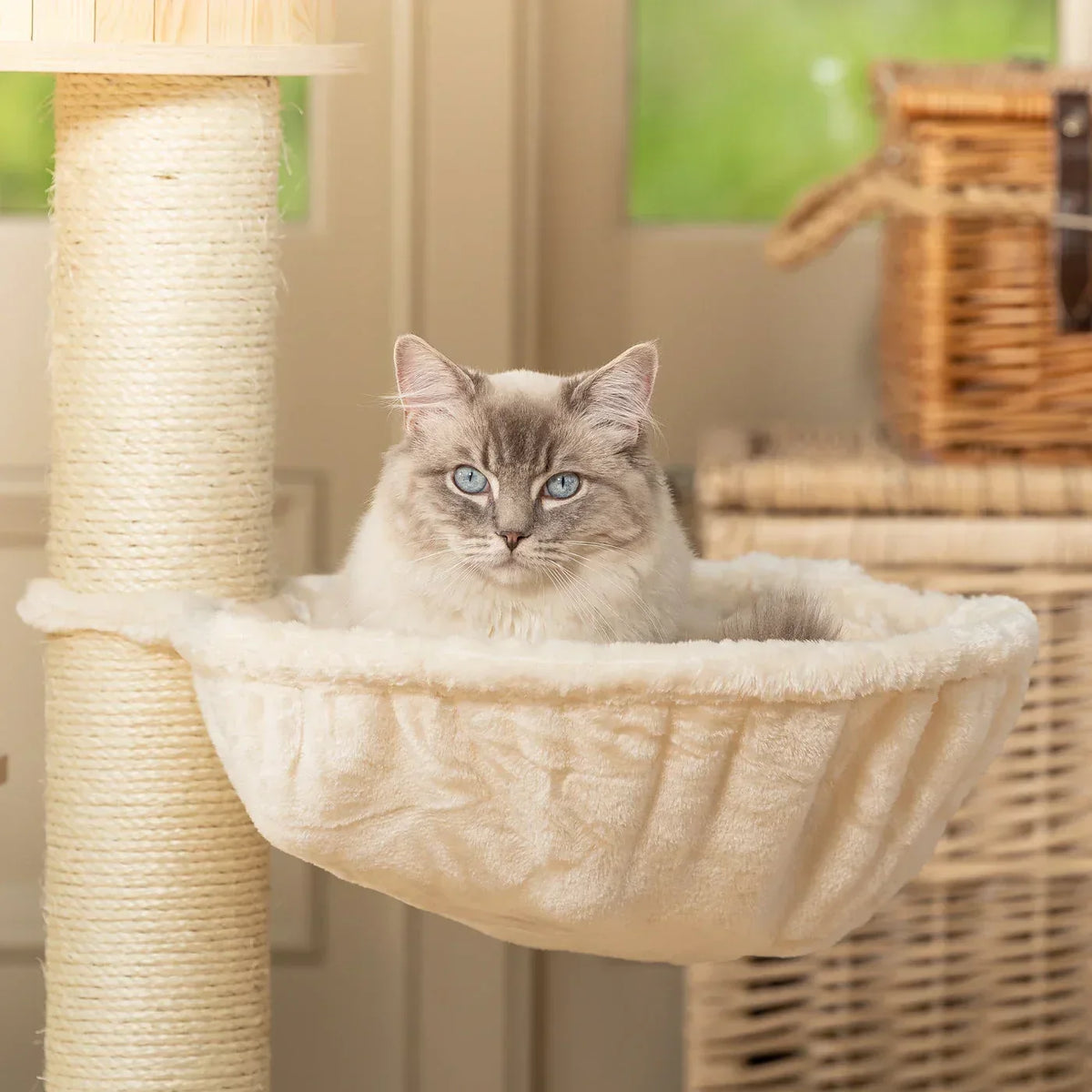 Cat lying in fabric hammock attached to Helsinki Loft cat tree with sisal posts