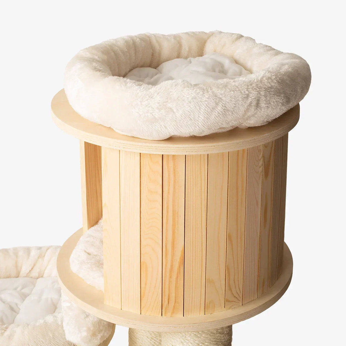 Helsinki Loft cat tree wooden hideaway section with round opening and soft cushion