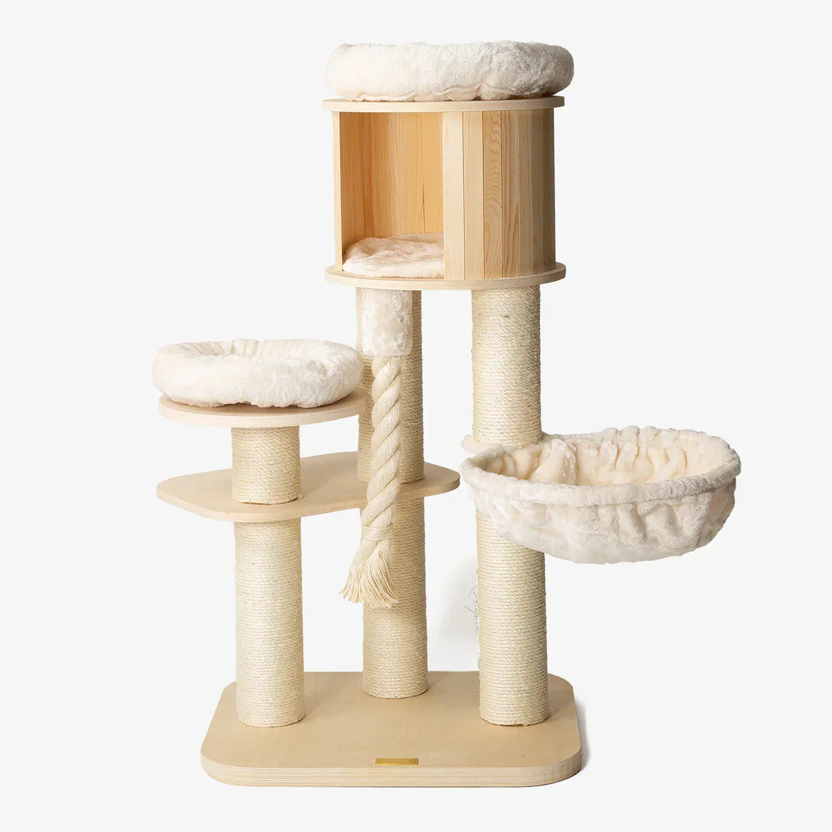 Lords & Labradors Helsinki Loft cat tree with platforms, hammock, rope, and hideaway on white background